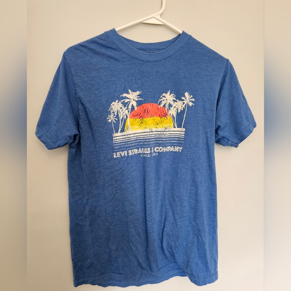 Levi's Y2K ERA Blue Graphic T-Shirt w/ Retro Palm Trees and Sun Set, Men's Sz S